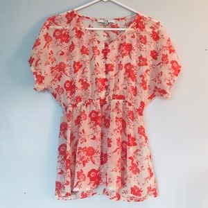 FOREVER 21 sheer peach floral button shirt